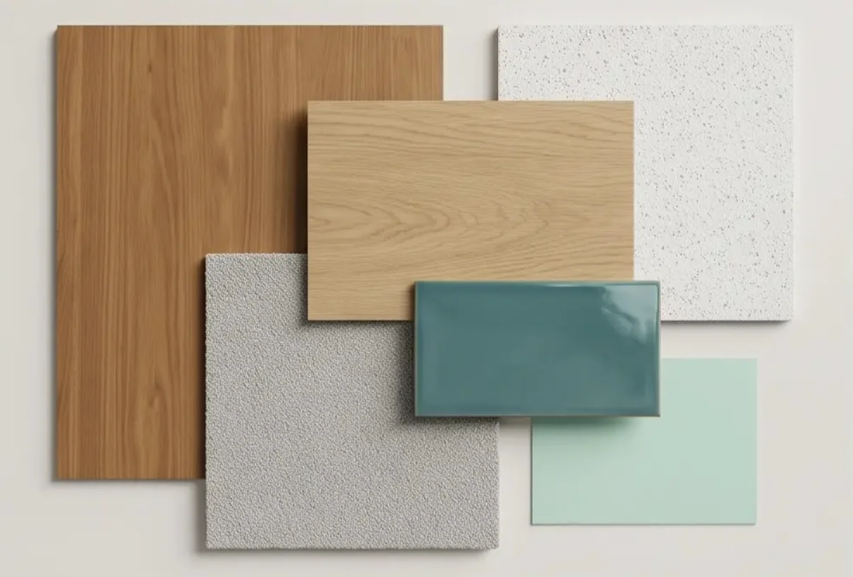 Amostras de materiais e cores da direção de arte.