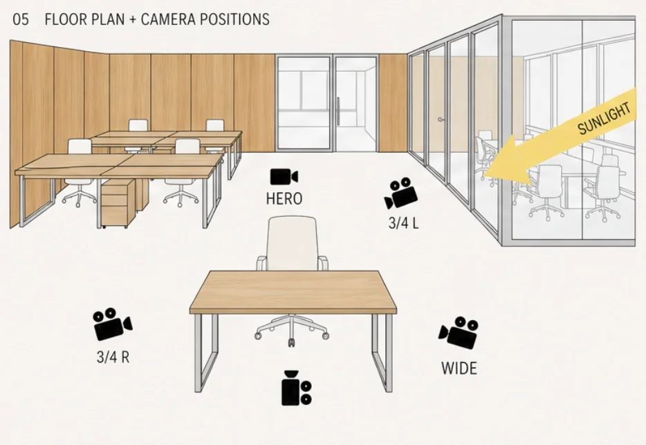 Desenho do escritório com posições de câmera: hero, três quartos à esquerda e à direita, plano aberto e entrada de luz do sol.
