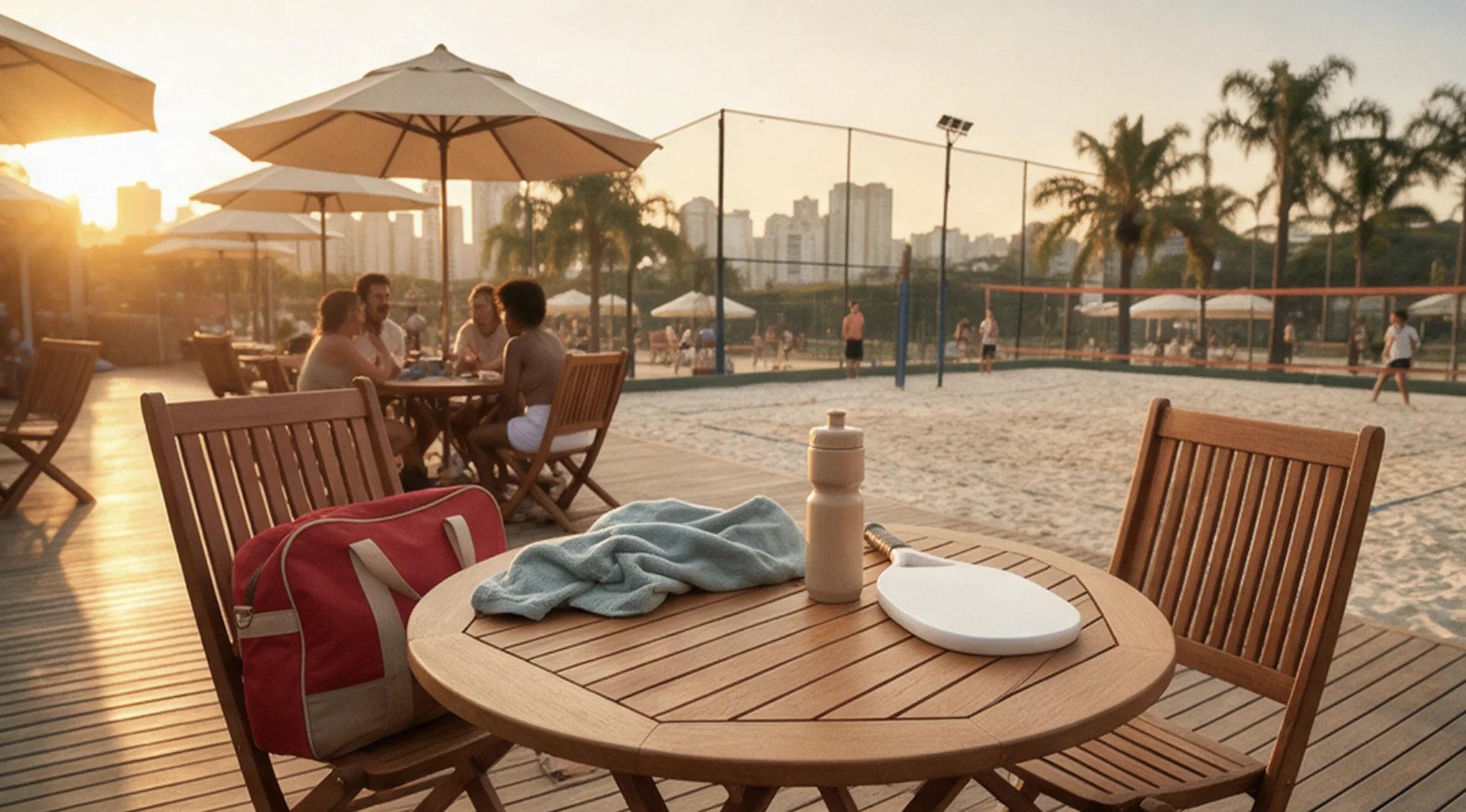 Vista principal do beach tennis ao pôr do sol: mesa de madeira com raquete, garrafa, toalha e bolsa vermelha diante da quadra de areia, com guarda-sóis, palmeiras e prédios ao fundo.