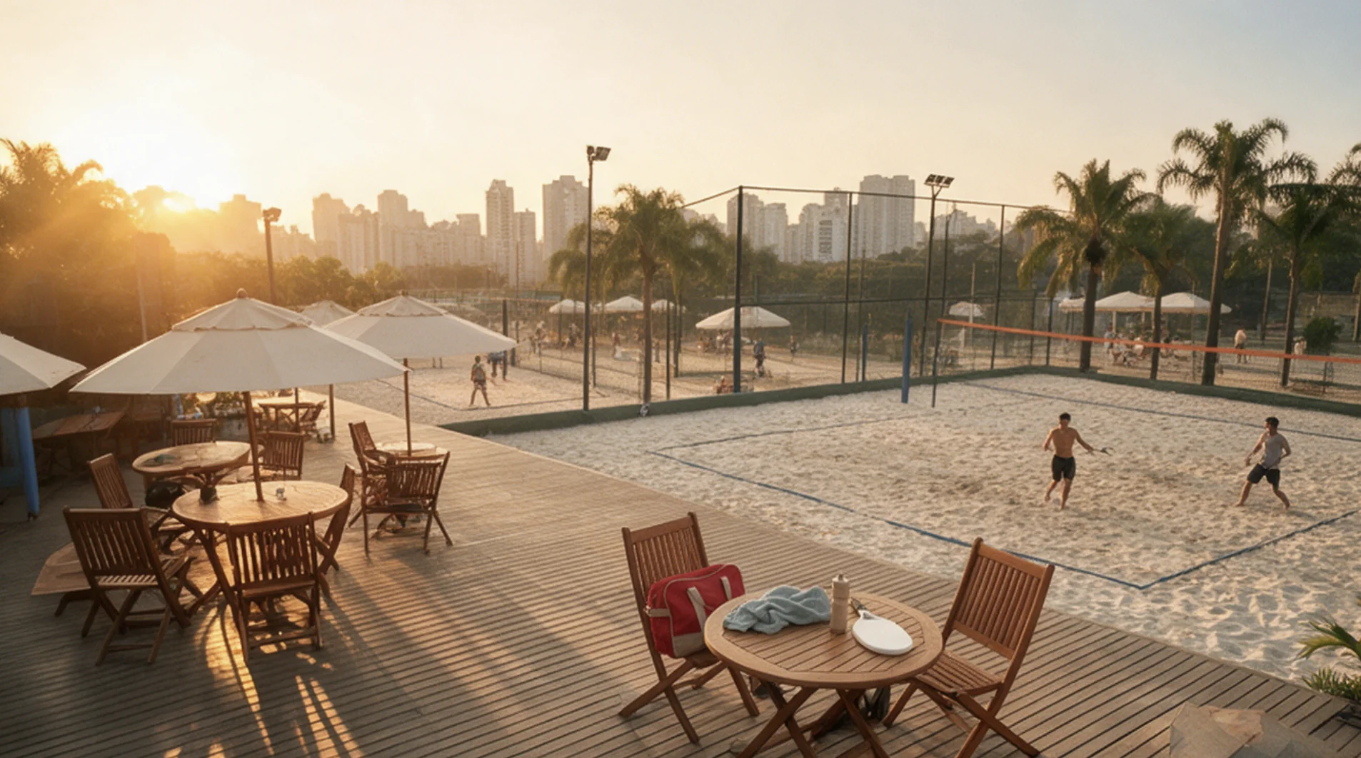 Contraplano do beach tennis: o mesmo espaço visto na direção oposta.