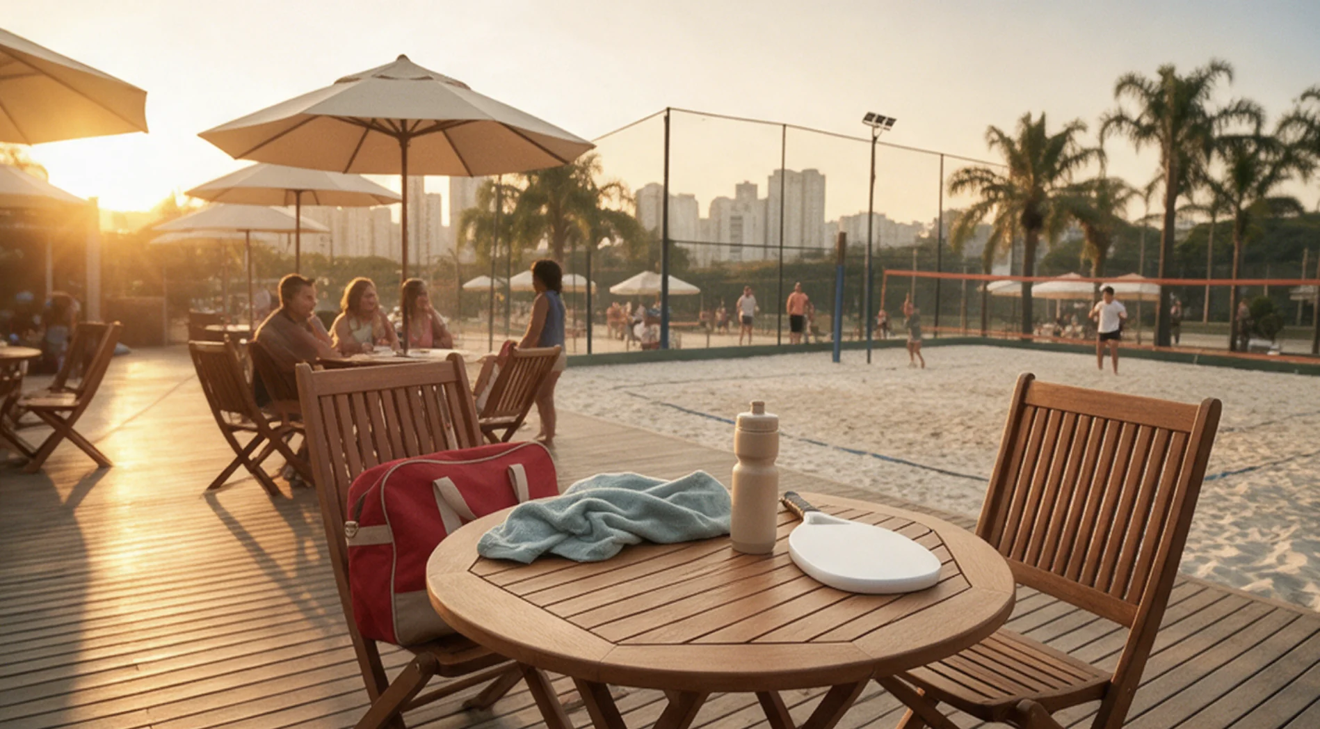 Segunda vista do deck do beach tennis ao pôr do sol, com pessoas nas mesas e jogadores na quadra.
