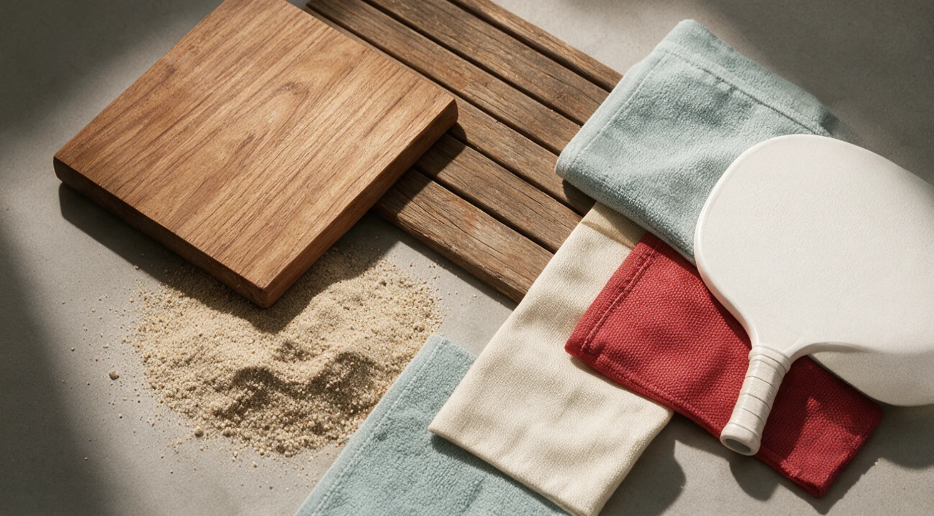 Materiais do beach tennis: madeira, deck envelhecido, areia, tecidos verde-água, cru e vermelho e uma raquete branca.