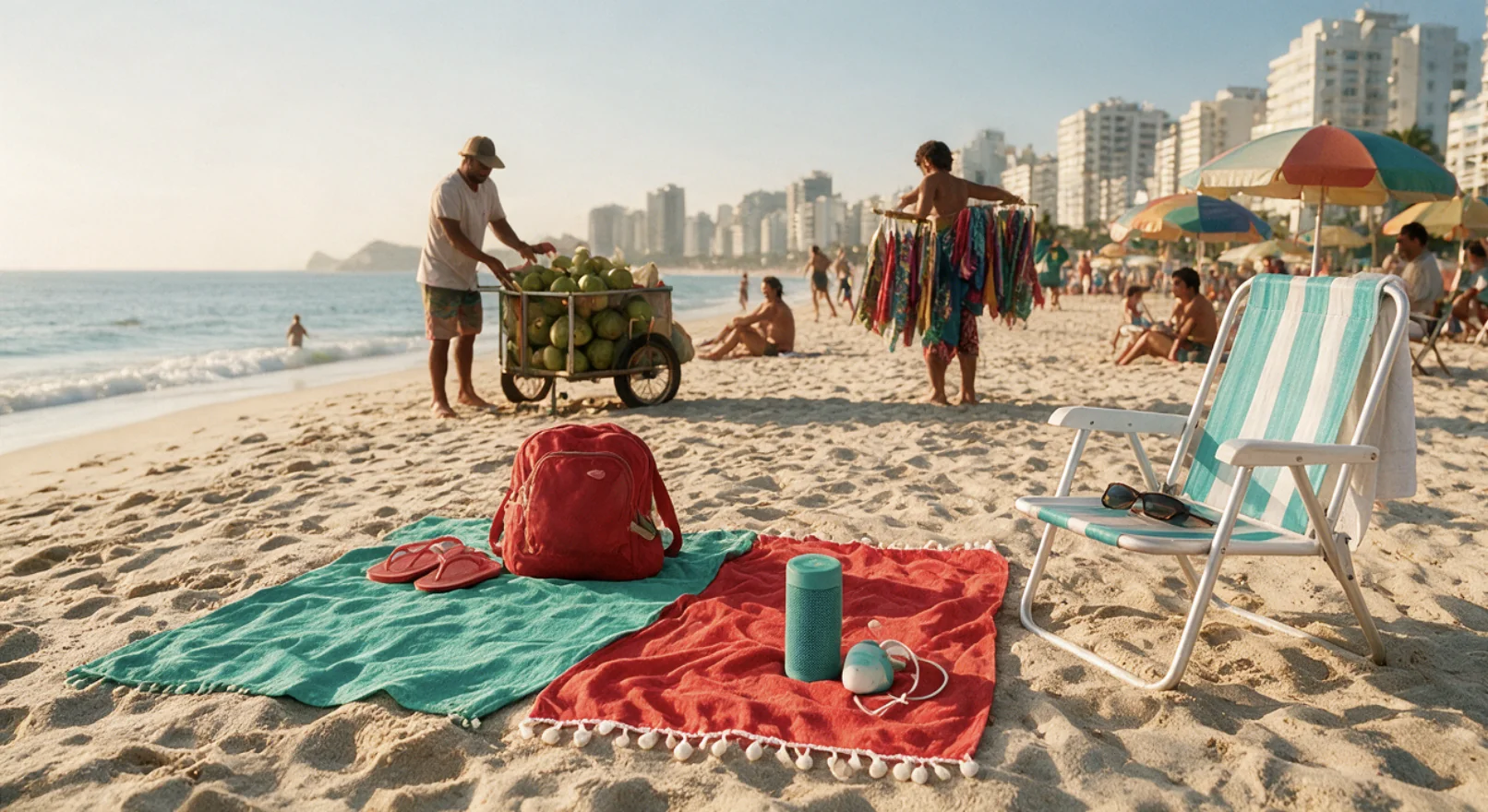 Vista principal da praia: cangas verde e vermelha na areia com mochila, chinelos e caixa de som, cadeira listrada, vendedor de coco e prédios à beira-mar.