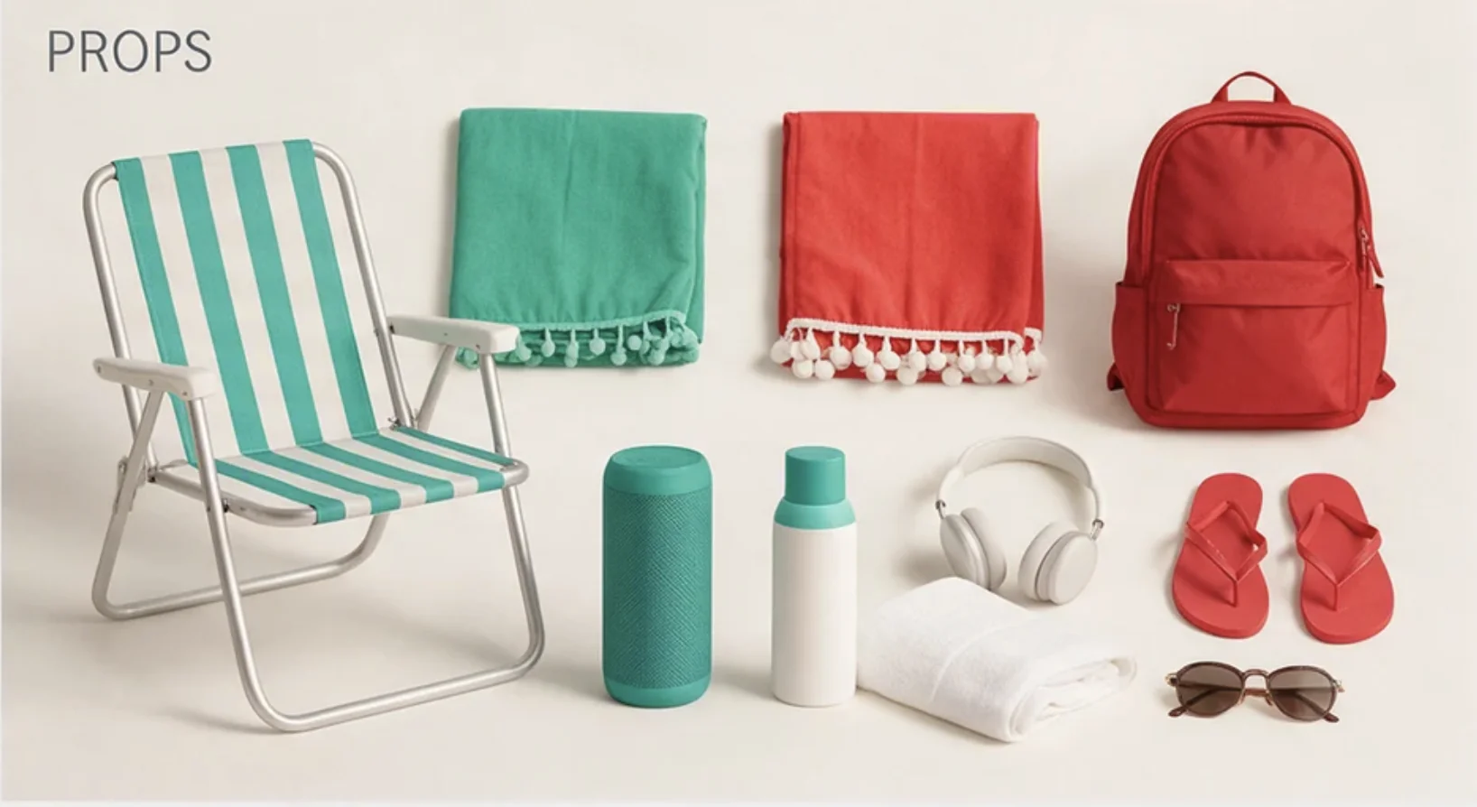 Props da praia: cadeira listrada verde e branca, cangas verde e vermelha, mochila vermelha, caixa de som, garrafa, fones, toalha, chinelos e óculos de sol.