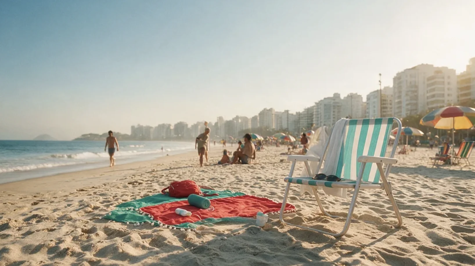 Segunda vista da praia, mais baixa, com a cadeira listrada, as cangas e o mar à esquerda.