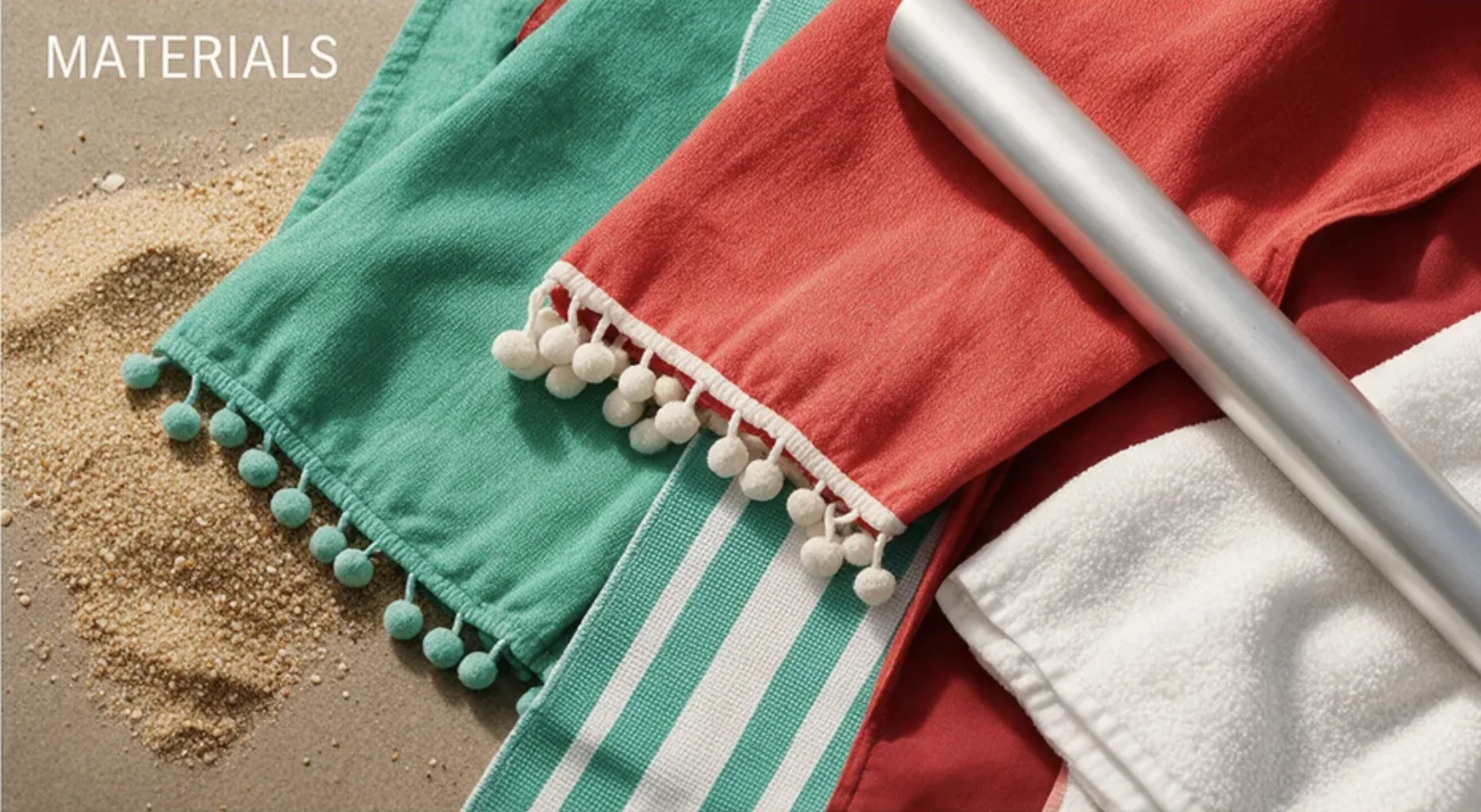 Materiais da praia: amostras de texturas e tecidos do ambiente.