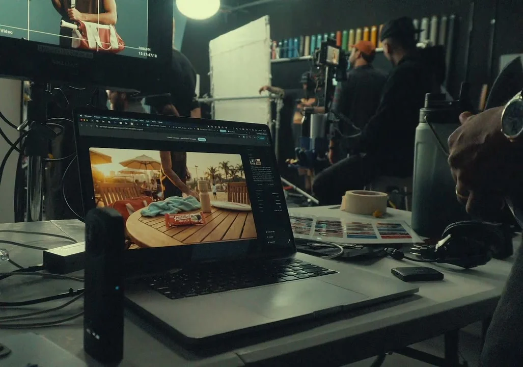 Laptop no set exibindo a cena da mesa já em ambiente de praia ao pôr do sol.